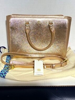 Tory Burch Emerson Light Rose Gold small Zip tote Handle Crossbody Bag